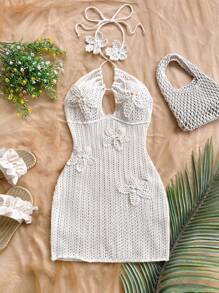 Soleia Vestido de punto ajustado con decoración floral, escote halter y recorte calado, adecuado para vacaciones, citas, té de la tarde, vacaciones, festivales de música, playa, atuendo de verano, estilo bohemio, ganchillo, lino - Blanco - Ver 3