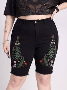 ROMWE EDITION 自然风哥特度假刺绣紧身大码牛仔短裤 - 黑色 - 查看 5