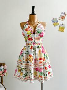 Soleia Plus Size Women Retro Floral Print Frill Halter Neck Tie Front Casual Summer Dress, Romantic, Graduation Season, Wedding Season, Back To School, Cute Lunch, Summer Travel