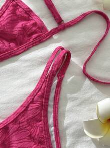 Swim Mod 2 件女式夏季海滩纯紫红色纹理面料细肩带露背短款吊带上衣和高开叉镂空双肩带比基尼泳裤泳衣套装 - 玫紅色 - 查看 3