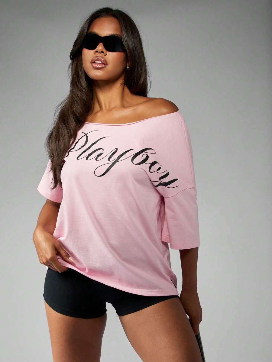 Missguided x Playboy 露肩文字 T 恤宽松休闲居家上衣街头风格都市时尚基本款图案宣言 - 粉色 - 查看 1