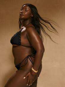 MUSERA 加挂脖孔眼螺纹细节三角形比基尼上衣仅限波西米亚风夏季度假游泳假日夏季海滩性感可爱优雅 - 黑色 - 查看 3