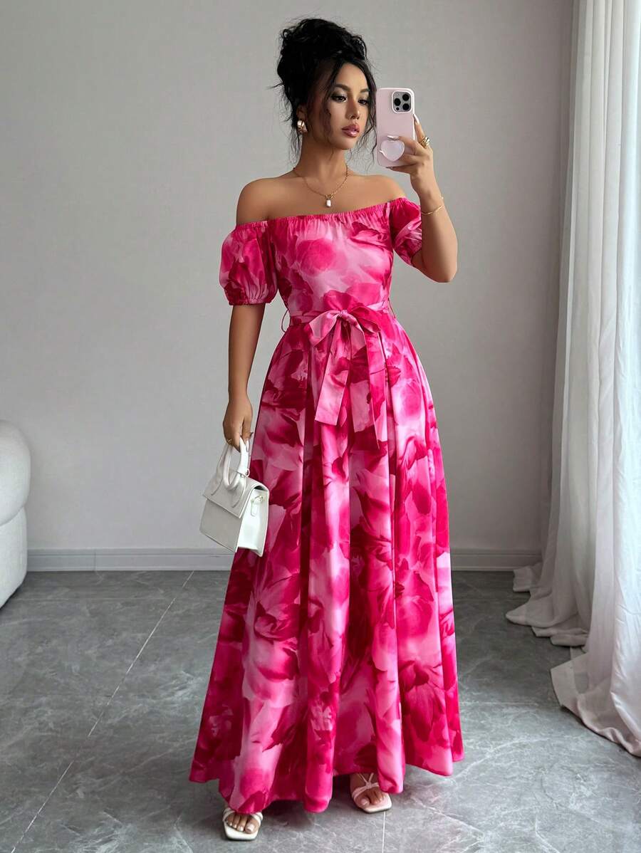 Elenzga 露肩花卉印花超长连衣裙