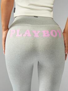 Missguided x Playboy 高腰高性能紧身裤，四向弹力，瑜伽跑步，Power Flex，健身，时尚运动休闲裤，带标志印花 - 灰色 - 查看 4