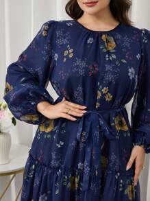 Modelyn Plus Size Floral Print Chiffon Romantic Elegant Tie Waist Dress, Spring/Summer - Navy Blue - View 7