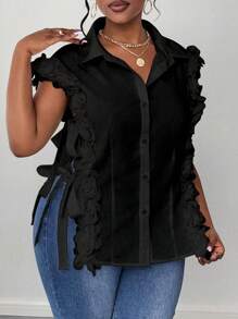 Maweii 大码梭织优雅浪漫花卉蕾丝边无袖衬衫 - 黑色 - 查看 7