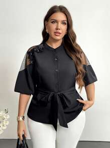 Firerie Plus Size Women 3D Embroidered Patchwork Long Elegant Blouse In Black - Black - View 6
