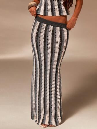 Athîral Women's Striped Crochet Long Skirt, Holiday Style,Fall Women Clothes, Old Money