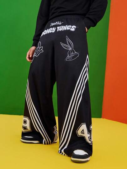 LOONEY TUNES X SHEIN Suéter holgado de pierna ancha con contraste de rayas laterales, moda callejera casual estadounidense, vuelta al colegio