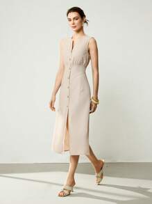 Uhlyne Vestito elegante in lino albicocca senza maniche con scollo a V, pieghe, aperto davanti, adatto per occasioni casual, sociali e di lavoro, da donna, per primavera ed estate