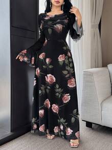 Feyla Women Elegant Full Floral Print Bell Sleeve Dress - Black - View 1