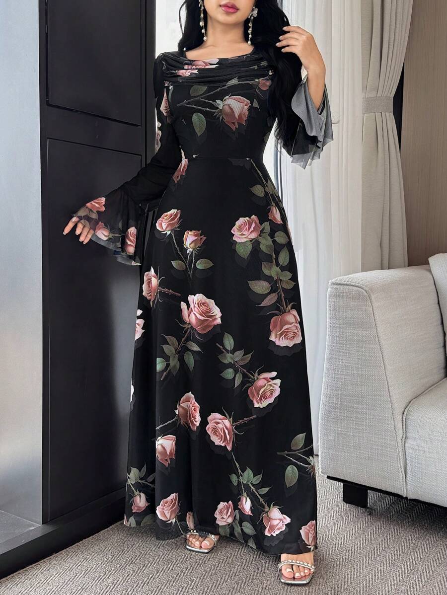 Feyla Women Elegant Full Floral Print Bell Sleeve Dress - Black - View 1