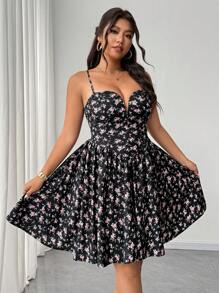 SHEIN Unity Vestido de tira fina con estampado floral pequeño elegante para tallas grandes, para el verano - Negro - Ver 3