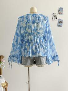 Soleia Plus Size Women's Holiday Chiffon Pink Floral Print Ruffle Collar Self-Tie Front Long Sleeve A-Line Blouse, Autumn/Winter, Suitable For Valentine's Day Blue Floral Top Women Summer Clothes Set Summer Tops Short Sets For Women Vacation Blue Summer Tops