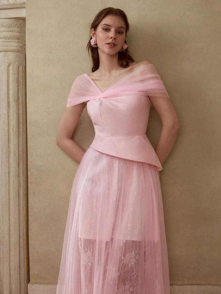 MOTF Soiréza SHEER MESH ASYMMETRICAL SHOULDER PEPLUM WAIST LACE FLARE HEM COCKTAIL DRESS