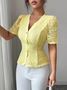 Elenzga Camicia slim fit a maniche corte con bottoni e pizzo a contrasto per l'estate da donna - Giallo - Visualizzare 6