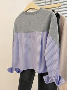 SHEIN Essnce 女式秋季拼色条纹圆领长袖衬衫 - 彩色 - 查看 2