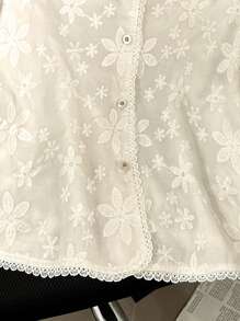 INAWLY Women Floral Embroidery Single-Breasted Short Sleeve Casual Blouse - White - View 4