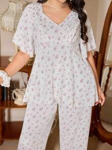 CottageSlumber Plus Size Women's Romantic Ditsy Floral Sweetheart Neck Bell Sleeve Long Pants Pajama Set ,Vacation