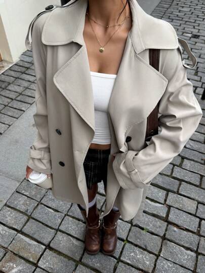 SHEIN EZwear Women's Casual Street Fashion Lapel Collar Double-Breasted Belted Long Trench Coat,Fall Women Clothes