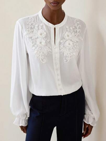 SHEIN Privé Long Sleeve Women's Shirt With 3D Floral Crystal Embellishment On Front, Transparent Fall Cloth For Women