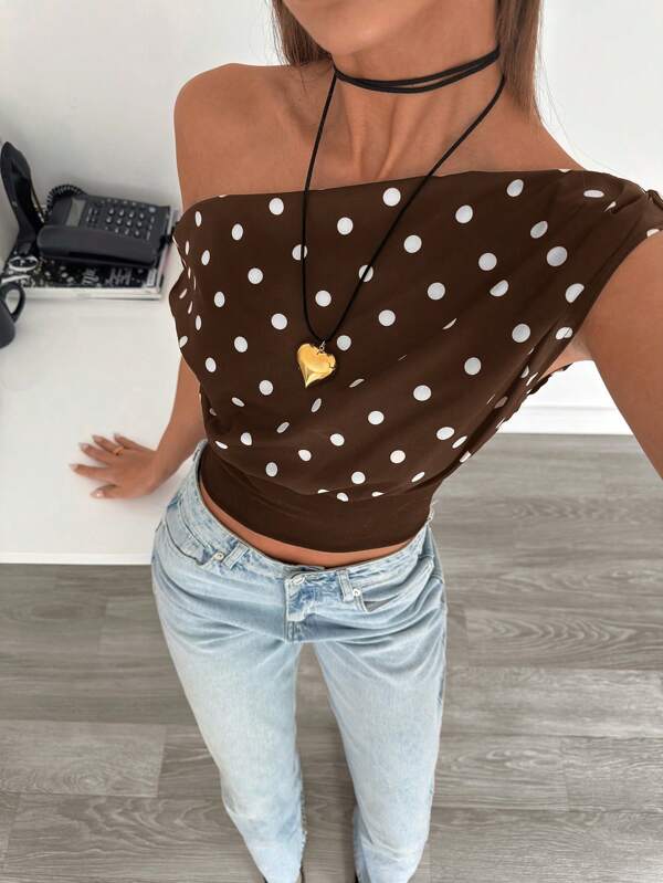 Siren Gaze Bluză de vară nouă, casual, cu buline, guler asimetric, pentru femei