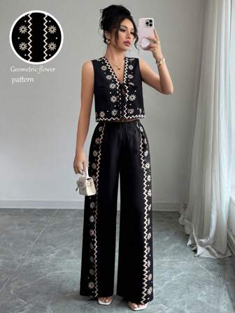 Elenzga Set de 2 piezas de top de tirantes y pantalones con estampado floral, conjunto de vestir elegante de verano