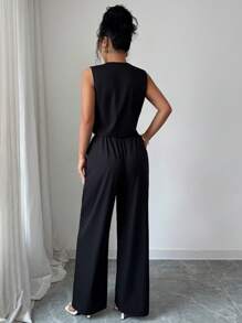 Elenzga 2 件套花卉印花吊带背心和裤子套装，优雅的夏季服装 - 黑色 - 查看 2