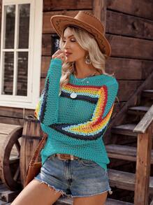 LanaWest Women's Color Block Knitted Long Sleeve Countryside Style Sweater Fall Winter