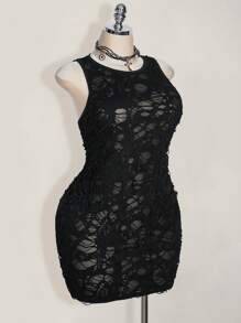 SHEIN ICON 加大码破洞面料无袖圆领修身迷你连衣裙，女士西式服装，音乐节 - 黑色 - 查看 5
