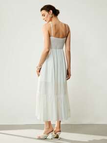 Uhlyne Casual Commute Vacation Textured Crinkle Fabric Ruched Bodice Split Midi Dress - White - View 3