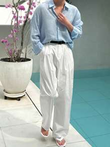 DAZY Camisa de lino con textura de color azul sólido para hombre, primavera/verano - Azul - Ver 6