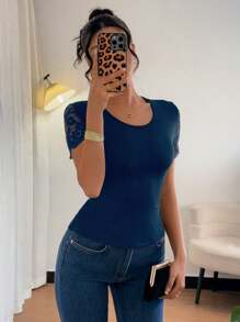 Rafferiza 女士优雅性感系带后背T恤 - 藏蓝色 - 查看 5
