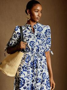 Écloséra French Collar Open Front Button Embroidered Short Sleeve A-Line Dress - Blue - View 3