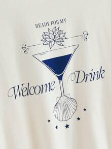 ROMWE The White Lotus 女士夏季休闲字母花卉印花圆领短袖T恤 - 米色 - 查看 12