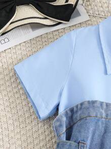 Tween Girls Patchwork Denim 2 In 1 Dress - Teal Blue - View 4