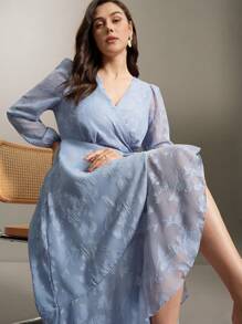Flouryn Elegant Jacquard Knit Plus Size Dress - Blue - View 1