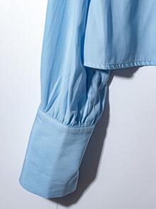 Franclia 女士长袖单排扣褶裥衬衫，腰部收褶设计，适合大学穿着 - 藍色 - 查看 7