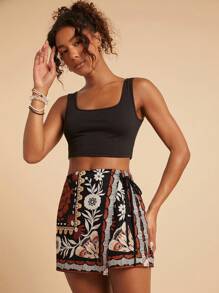 Travachic Women's Black Floral Print Woven Design Straight Leg Boho Style Wrap Shorts, Suitable For Holiday, Afternoon Tea, Wedding Season, Beach Cruise Vacation, City Road Trip Vacation, Boho Vacation, Music Festival, Beachwear, Easter, Beach For Woman, Elegant Shorts, Vacation, Concert, Tropical Vacation, Holiday, Bohemian,For Spring Summer And Autumn