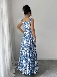 SHEIN Clasi Women's Floral Print Maxi Tank Dress For Summer - Blue and White - View 2
