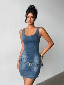 Aloruh Women's Y2K Sexy Square Neck Fashion Waist Belt Denim Mini Dress, Night Out