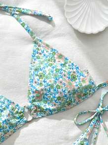 SHEIN Swim Set Bikini Motif Bunga Acak untuk Pantai & Liburan Musim Panas - MultiWarna - View 3