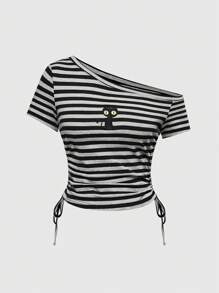 ROMWE J-Fashion Y2K 复古黑猫刺绣条纹抽绳女式 T 恤