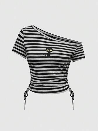 J-Fashion Y2K Retro T-Shirt mit Katzenstickerei und Streifen, Kordeltasche für Damen