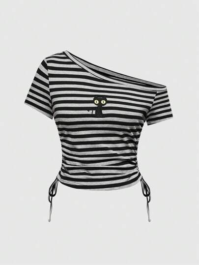 J-Fashion T-shirt femme à cordon de serrage rayé avec broderie de chat noir rétro Y2K