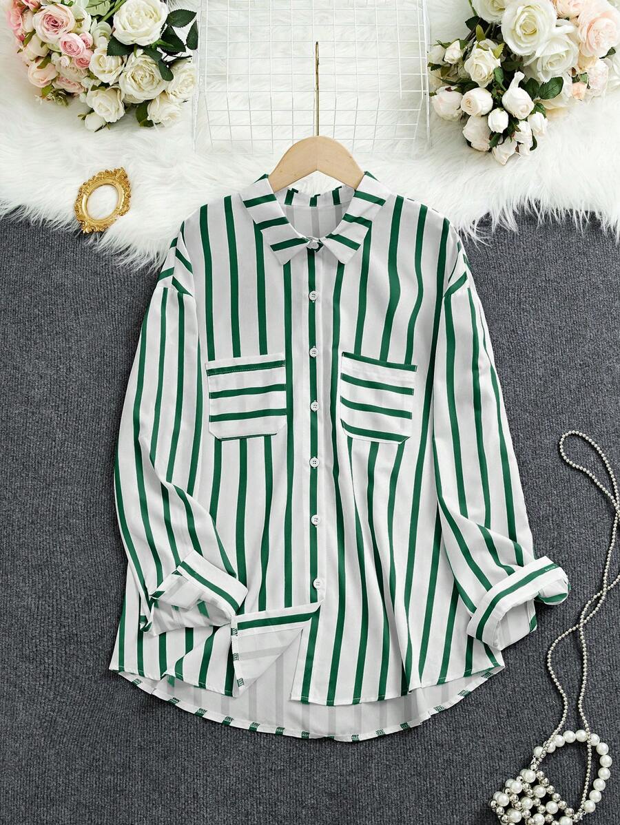 INAWLY 女士休闲条纹长袖口袋衬衫，春秋季女士衬衫 - 綠色 - 查看 1