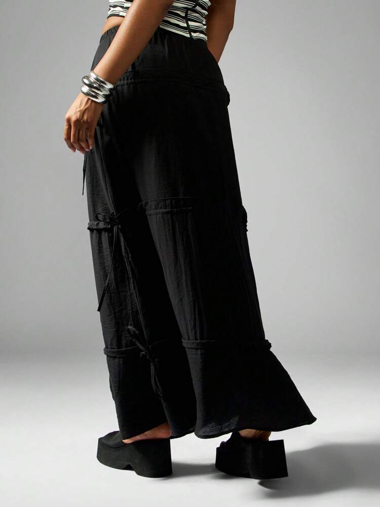 MISSGUIDED Linen Tiered Maxi Skirt Festival Drawstring Waist Beach Summer Boho Long Peasant Style Bohemian Design Casual Vacation Resort Wear