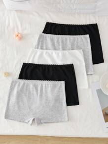 5 件/包青少年/女士蕾丝边基本款黑白灰色内衣内裤，甜美简约 - 彩色 - 查看 2