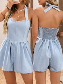 Breezaya Combi-short en jean décontractée d'été pour femmes avec dos nu et nœud au niveau du cou