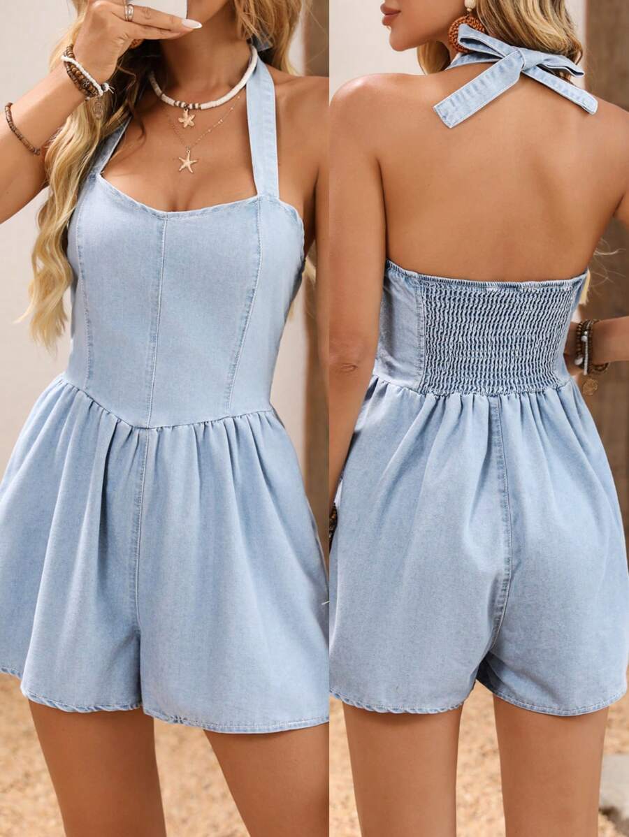 Breezaya Combi-short en jean décontractée d'été pour femmes avec dos nu et nœud au niveau du cou